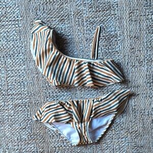 Rylee + Cru Striped Kids Bikini in Tan and Green